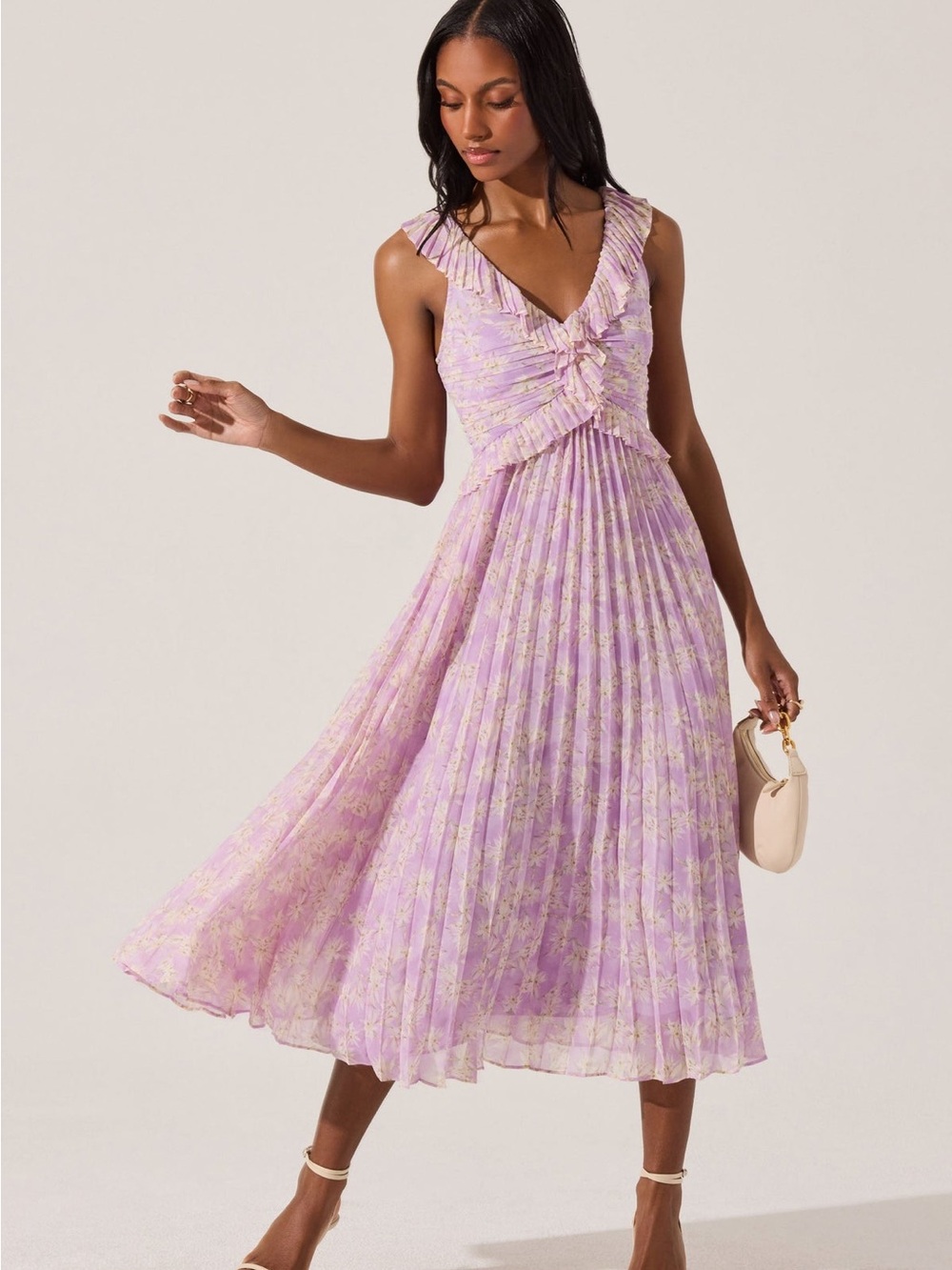 ASTR The Label Floral Ruffle Pleated Midi Dress